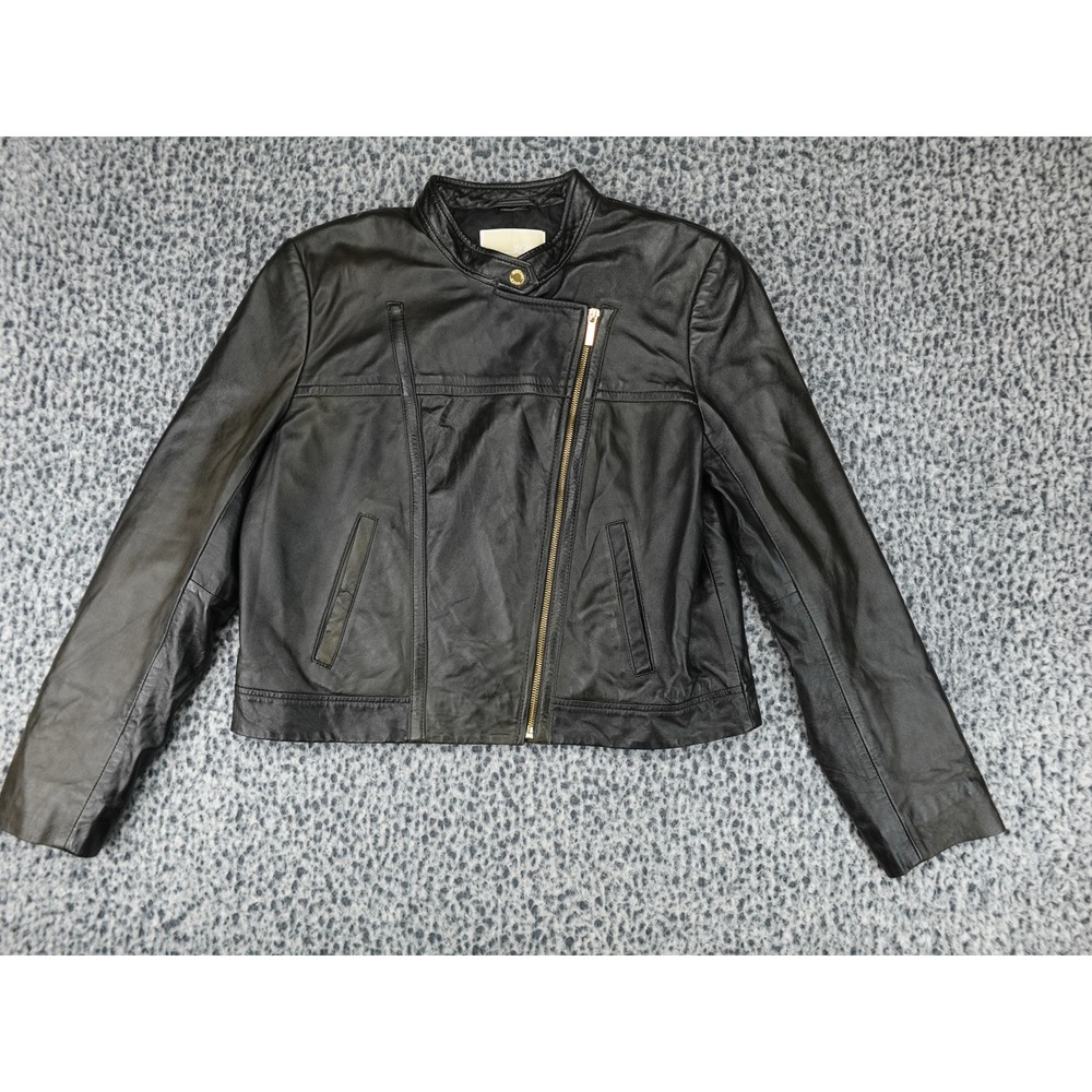 Michael Kors Leather Jacket Womens XL Black Lambskin Moto Biker Asymmetric